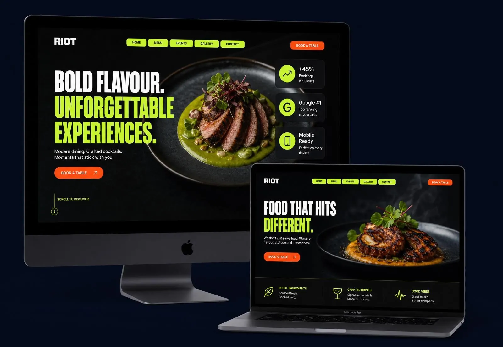 Bold RIOT-branded restaurant website shown on an iMac and MacBook with booking CTAs and floating metric cards